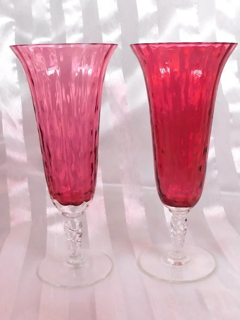Lot of Five Pink Ribbed Stemware Glasses with Clear Bases # 26621